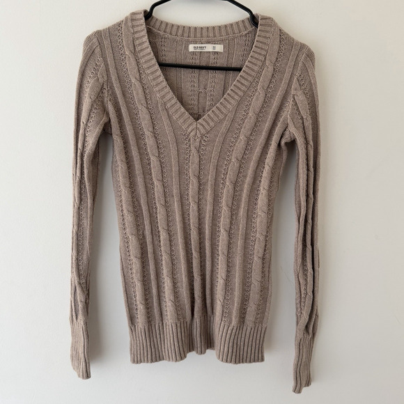 Beige Cable Knit Sweater V Neck Fitted Long Sleeve Cotton Ribbed Y2K Preppy XS - Picture 10 of 11